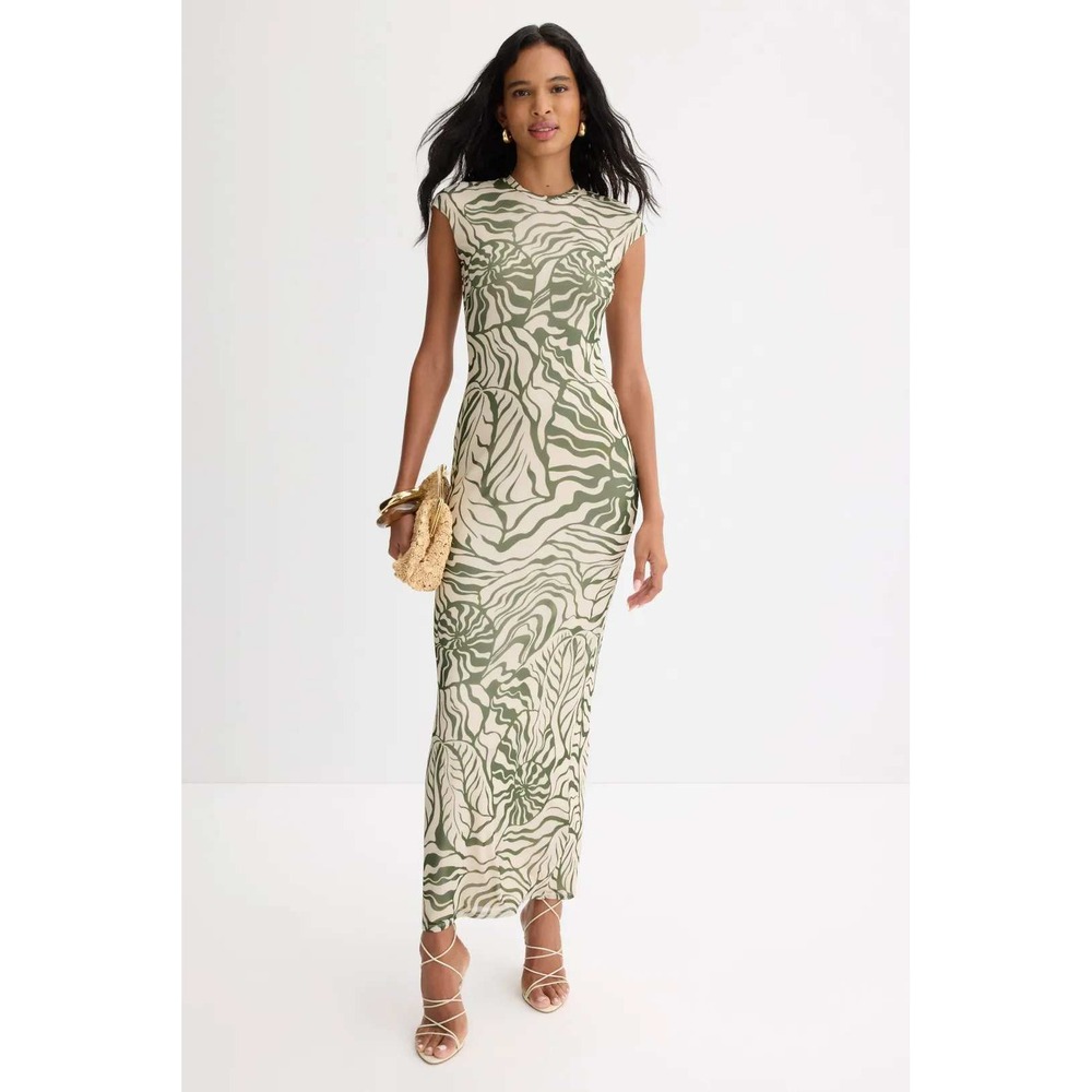 AFRM Cody Maxi Dress Green Cream Crew Neck Abstract Swirl Mesh Women Sz XS